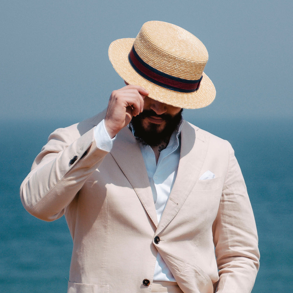 Straw Boater Hat with Striped Band - Natural