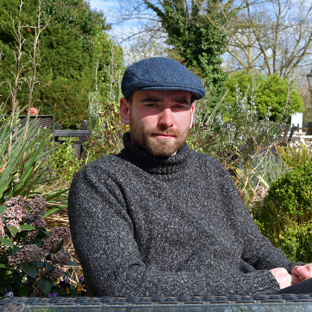 HARRIS TWEED Herringbone Ardmore Flat Cap - Blue-Black