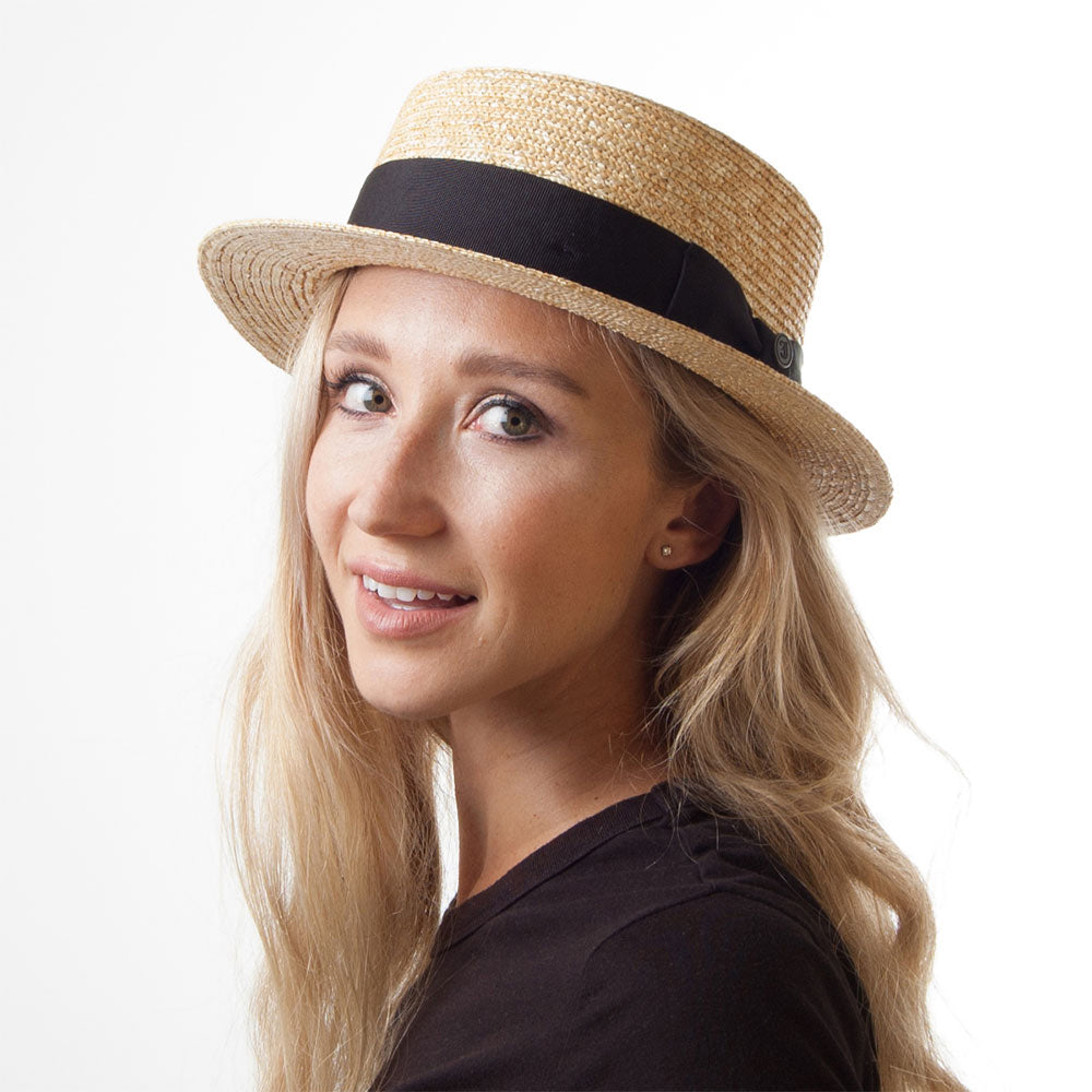 Straw Boater Hat with Black Band - Natural