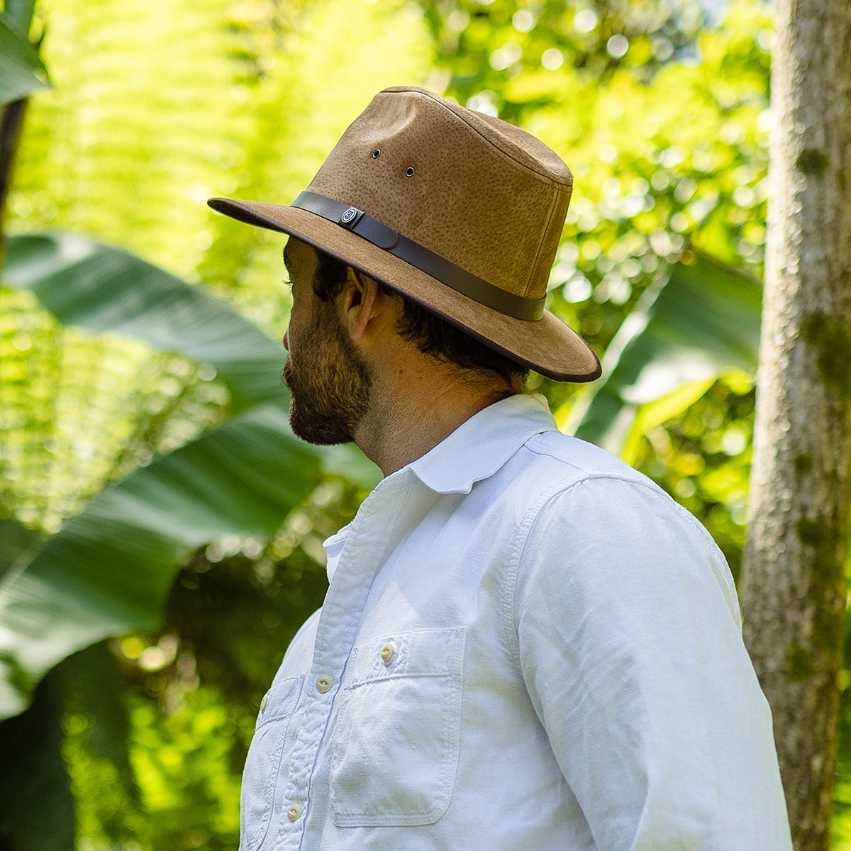 Nubuck Leather Safari Fedora Hat - Chestnut