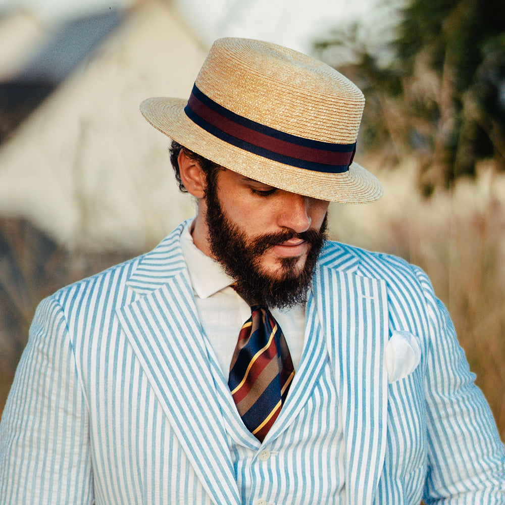 Straw Boater Hat with Striped Band - Natural