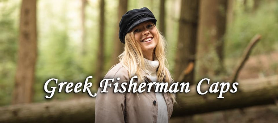 A woman wearing a Greek fisherman cap in the forest, smiling