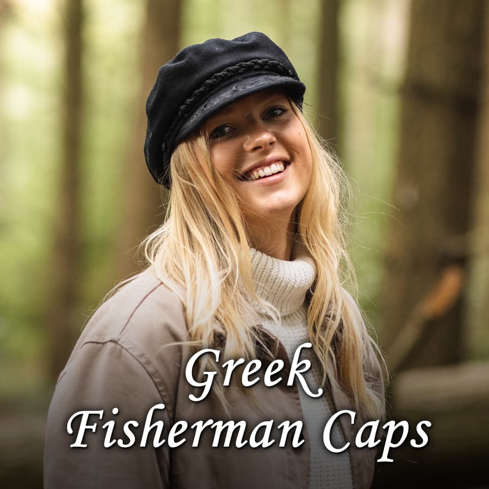 A woman wearing a Greek fisherman cap in the forest, smiling