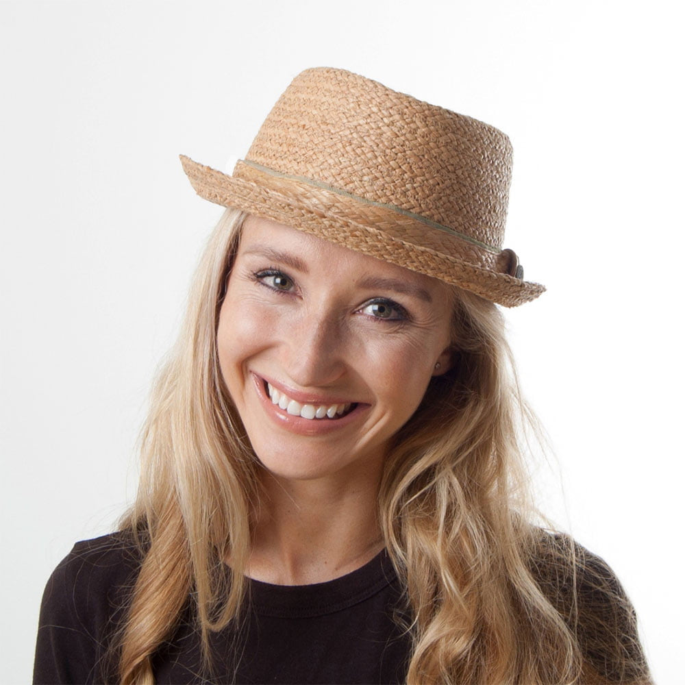 Raffia Straw Diamond Crown Pork Pie Hat - Natural