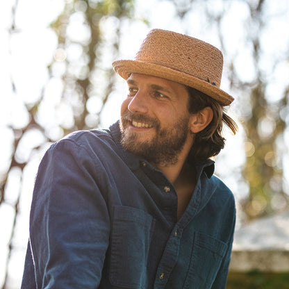 Raffia Straw Diamond Crown Pork Pie Hat - Natural