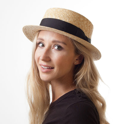 Straw Boater Hat with Black Band - Natural