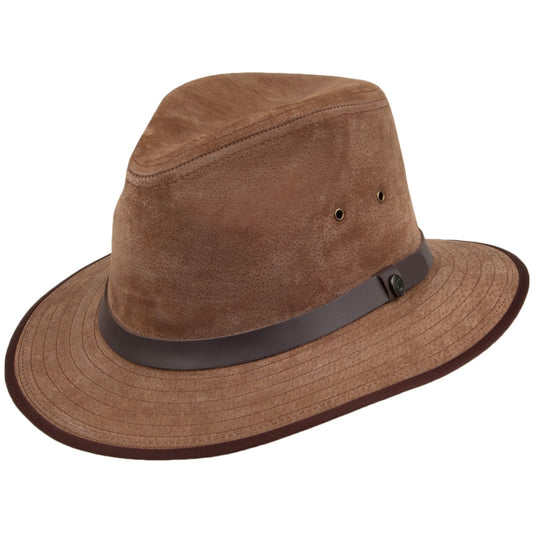 Nubuck Leather Safari Fedora Hat - Chestnut