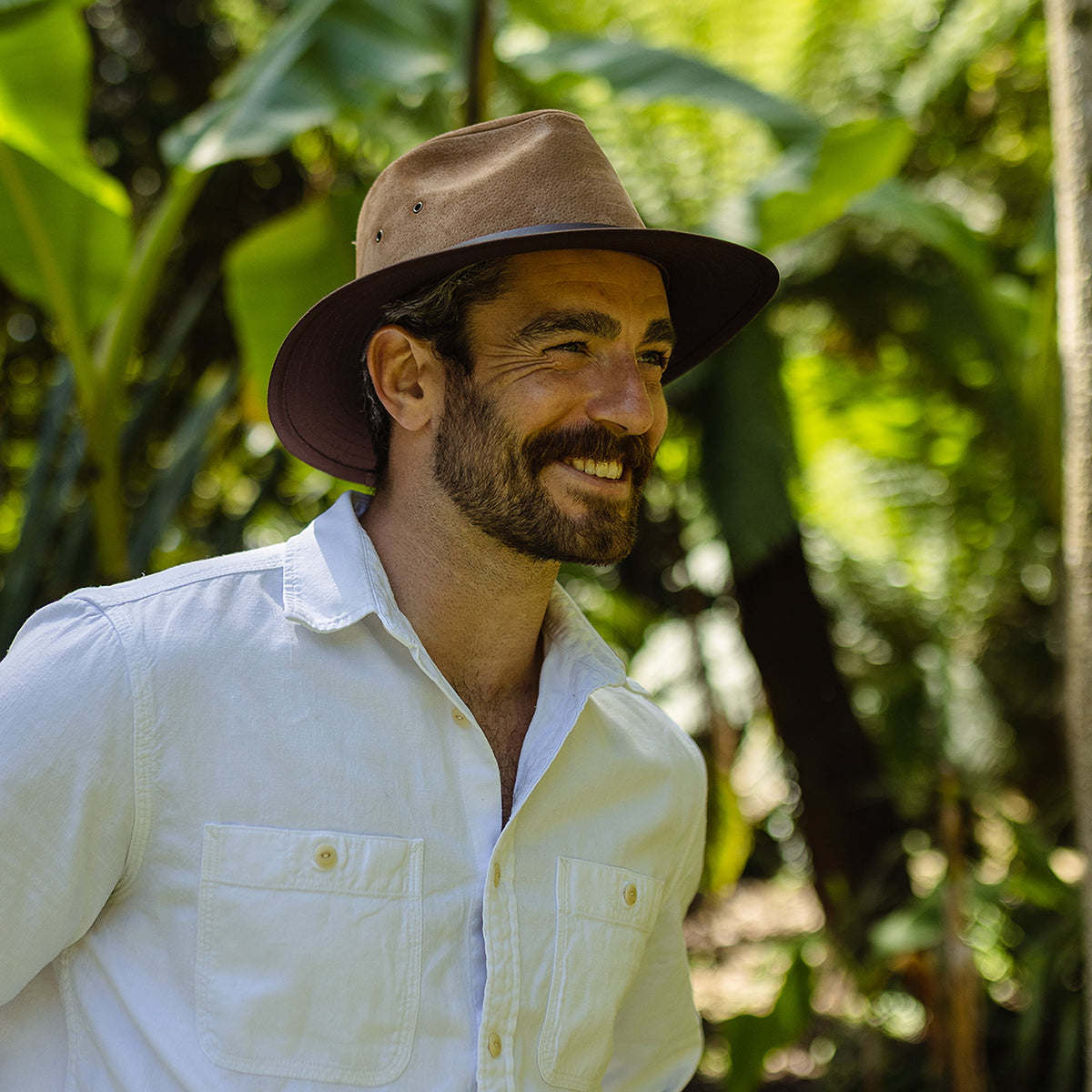 Nubuck Leather Safari Fedora Hat - Chestnut