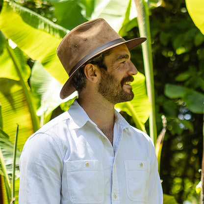 Nubuck Leather Safari Fedora Hat - Chestnut