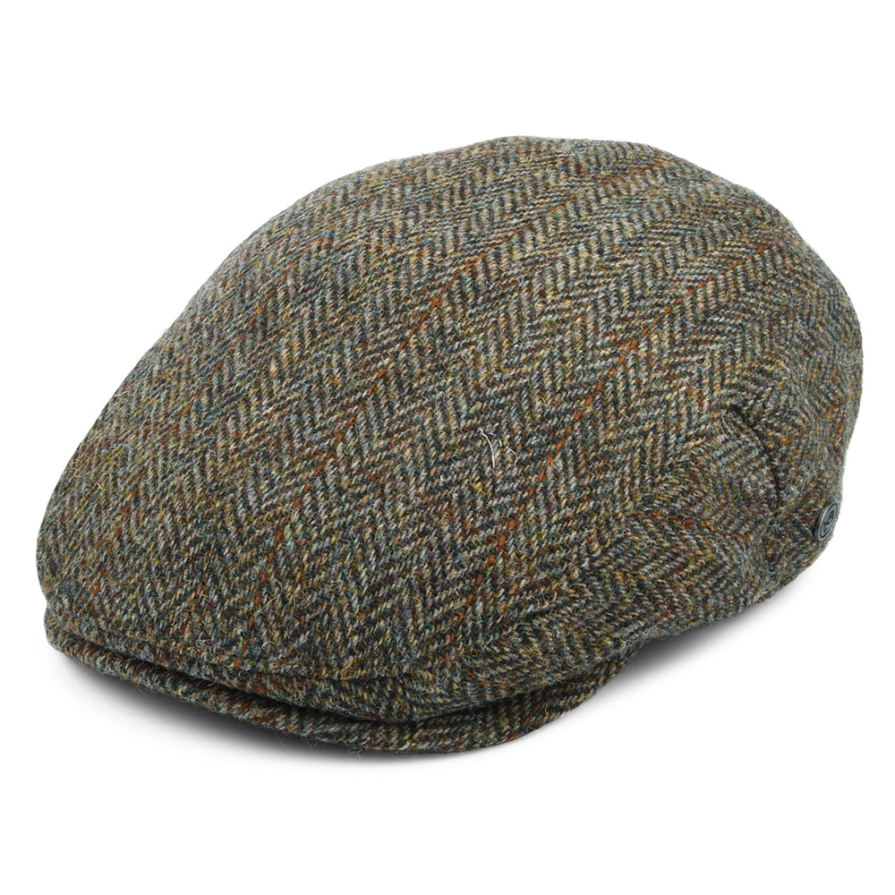 HARRIS TWEED Herringbone Lundale Flat Cap - Olive-Brown