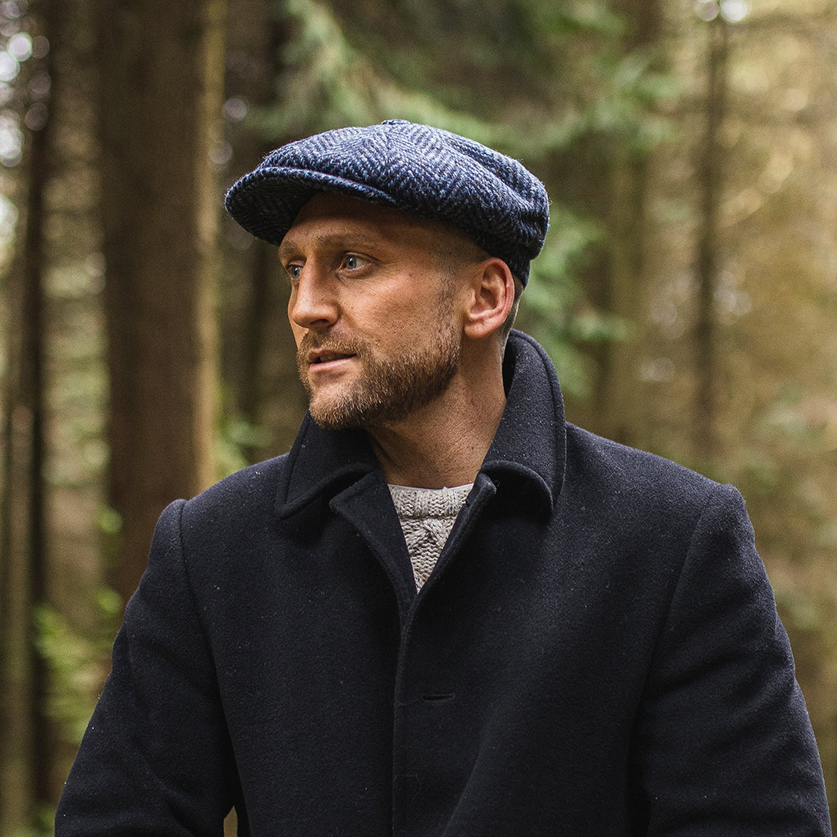 Heavyweight Donegal Tweed Herringbone Pettigo Newsboy Cap - Navy-Black