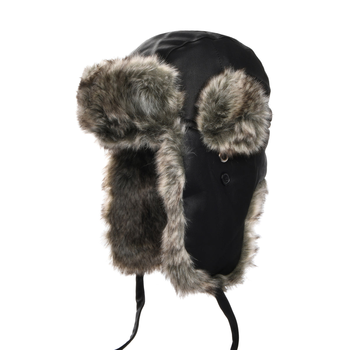 Washed Faux Leather Trapper Hat - Black