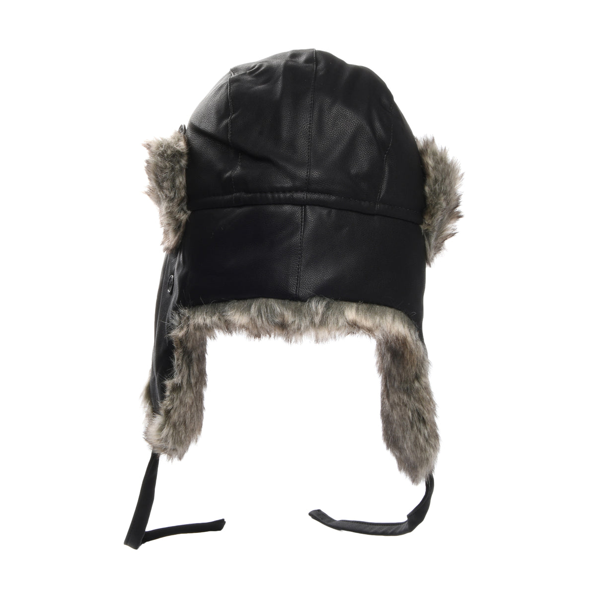 Washed Faux Leather Trapper Hat - Black